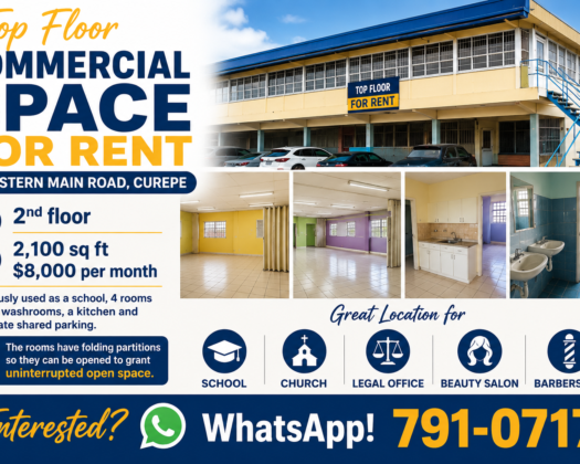 COMMERCIAL SPACE FOR RENT IN CUREPE – 2,100 Sq. Ft. Top Floor on Eastern Main Road