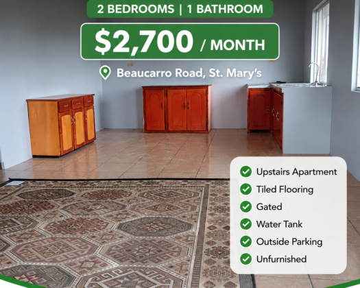 UPSTAIRS APARTMENT FOR RENT IN ST. MARY’S – 2 Bedroom Unfurnished Apartment on Beaucarro Road