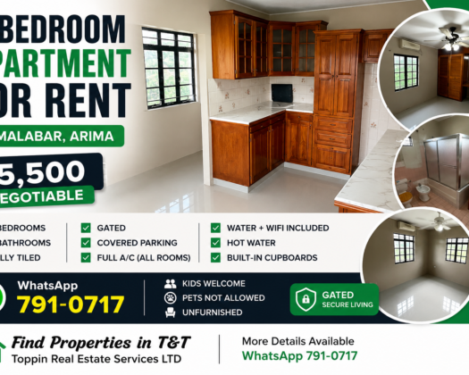 3-BEDROOM APARTMENT FOR RENT IN MALABAR, ARIMA – Fully Air-Conditioned, Gated, Covered Parking