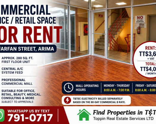 COMMERCIAL OFFICE / RETAIL SPACE FOR RENT IN ARIMA – Approx. 280 Sq. Ft. on Farfan Street