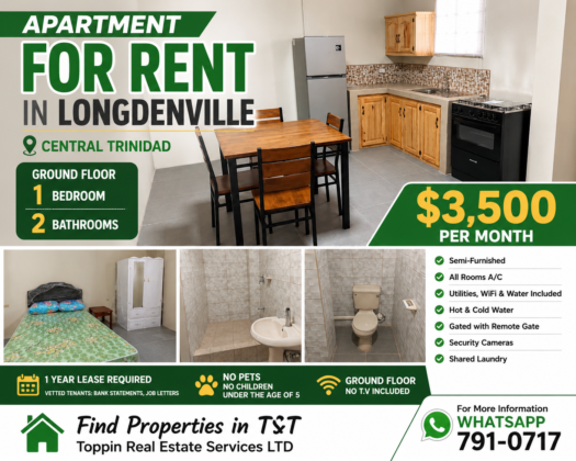 APARTMENT FOR RENT IN LONGDENVILLE – Ground Floor 1 Bedroom, 2 Bathrooms, Semi-Furnished