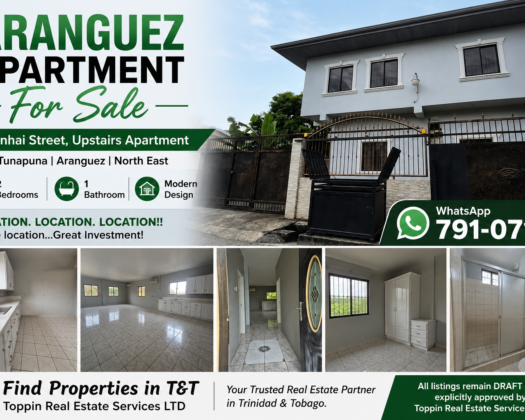 Aranguez Upstairs Apartment for Sale – 2 Bedrooms – $1,275,000